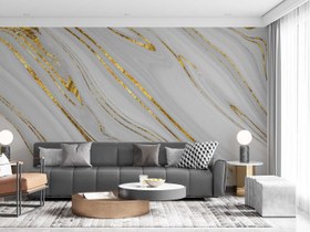 تصویر کاغذ دیواری پشت تلویزیون طرح سنگ مرمر با رگه های طلایی 