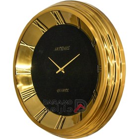 تصویر ساعت دیواری فلزی آرتمیس مدل 2041، ساعت دیواری فلزی و آبکاری شده، دارای طراحی مینیمال و مدرن با بدنه براق، سایز 53، رنگ طلایی 