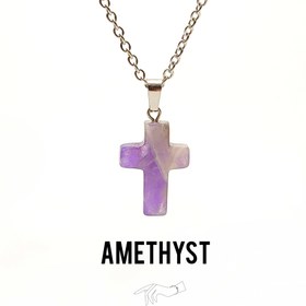 تصویر گردنبند سنگی آمیتیست اصل معدنی درجه یک تراش صلیب با زنجیر استیل رایگان Amethyst stone necklace original cross cut