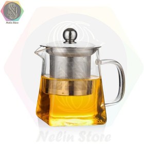 تصویر قوری شیشه ای 750ml پیرکس(بوروسیلیکات)با درب و فیلتر استیل کف مربع کد23c12 