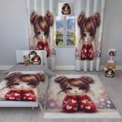 تصویر ست اتاق کودک روتختی دو پنل پرده و فرشینه یک در یک و نیم طرح عروسکی ناز 