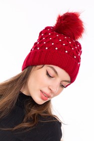 تصویر کلاه بافتنی زنانه مدل تا شده نگین دار قرمز برند LadyColor کد 1608543389 