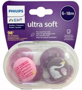 تصویر پستانک ارتودنسی ۶ تا ۱۸ ماه دوتایی فیلیپس اونت PHILIPS AVENT سری UltraSoft طرح قو 