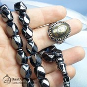 تصویر ست انگشتر نقره حدید خطی و تسبیح تراش دار 