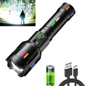 تصویر Led Torch with Fluorescent Strong Lighting30000 High Lumens Fast Charging Flashlight6 Lighting Modes IPX67 Waterproof Torches Zoomable Long Shot Flash Light for HikingCamping - ارسال 15 الی 20 روز کاری 