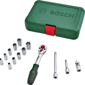 تصویر آچار بکس جغجغه ای واستر درایو 1/4 اینچ 14 تکه ای بوش Bosch Ratchets / 1/4 Inches Drive Socket Set 14-Piece (Ideal-Quality, Versatile Drive Socket Set for Multiple DIY Tasks; Ergonomic, Soft Grip Handle; Magnetic Bits Holder)