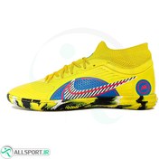 تصویر کفش فوتسال سایز کوچک نایک مرکوریال ساق دار طرح اصلی Nike Mercurial Suoerfly Yellow Blue 