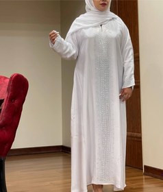 تصویر مانتو جلو بسته سفید، ماکسی بلند کارشده ، شال کارشده ،تا سایز ۵۰، جنس پارچه ندا کار وارداتی اماراتی ا Abaya Abaya