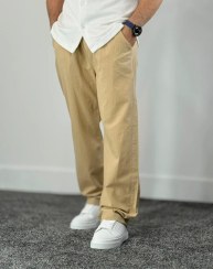 تصویر شلوار لینن نیم بگ مردانه کرم فوق‌العاده خنک و سبک 