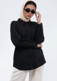 تصویر شومیز کتان پایین هلال مشکی Black cotton shirt with curved hem