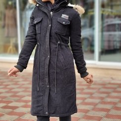 تصویر کاپشن مخمل کبریتی داخل خز بلند مشکی 