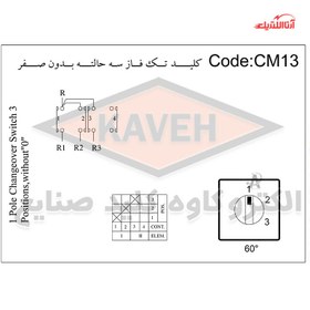 تصویر کلید سلکتوری 25 آمپر تکفاز سه حالته بدون صفر الکترو کاوه کد CM13 