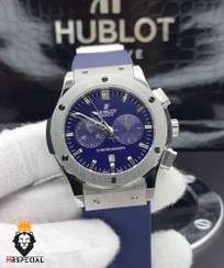 تصویر ساعت مردانه هابلوت کرنوگراف آبی قاب نقره‌ای بند رابر هابلوت ( Hublot )