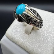 تصویر انگشتر نقره مردانه با نگین فیروزه عجم نیشابور اصل 