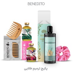 تصویر پکیج ترمیم طلایی ترکیبی کامل برای تقویت ریشه و ساقه، ضدریزش و ضدموخوره (روغن تقویت ریشه مو،روغن تقویت ساقه مو، شانه چوبی، شامپو رزماری، کش مو اسکرانچی) 