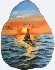 تصویر تابلو نقاشی روی چوب طرح منظره غروب دریا A sunset sea view painting on wood