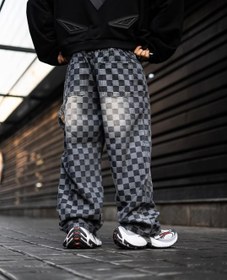 تصویر شلوار بگ مردانه کاستوم شطرنجی مشکی گرم بالا وارداتی Black checkered baggy pants