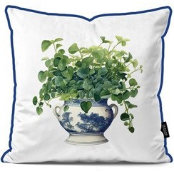 تصویر کوسن قلم آبی طرح گیاه سبز در گلدان چینی آبرنگی | زموند 