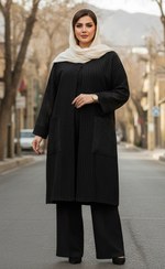 تصویر مانتو مجلسی کرپ مشکی سایز ۴۸ تا ۵۴ والنتینا 