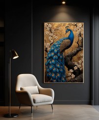 تصویر تابلو دکوراتیو طاووس سلطنتی و شکوفه‌های طلایی | مدرن لوکس و سه‌بعدی 