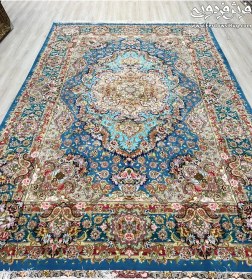 تصویر فرش دستباف ۶ متری طرح سالاری آبی فیروزه‌ای بافت تبریز 