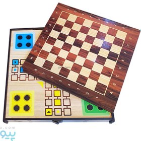 تصویر بازی 9 کاره چوبی- ( تخته، شطرنج ، دوز، مارو پله ، منچ و چکرز و کشمکش و ….) 