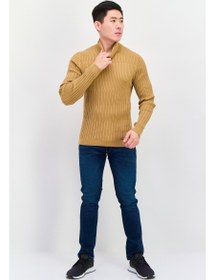 تصویر سویشرت مردانه یقه گرد با طرح راه‌راه، رنگ قهوه‌ای روشن برند hugo boss Men Turtle Neck Ribbed Sweatshirt, Tan