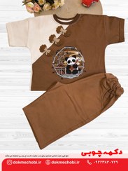 تصویر تیشرت و شلوارک دخترانه طرح پاندا رنگ قهوه ای سفید 