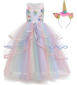 تصویر لباس تولد دخترانه با طرح یونیکورن و گل، دامن توری پرنسسی چندرنگ برند we happy Girls Unicorn Floral Birthday Party Wear Princess Tutu Dresses Multicolour