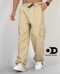 تصویر شلوار کارگو ۸ جیب مردانه کرمی پارچه کتان کجراه 