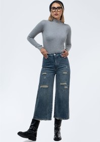 تصویر شلوار واید لگ زاپ‌دار آبی تیره 70004454 Distressed Wide-leg Jeans Dark Blue