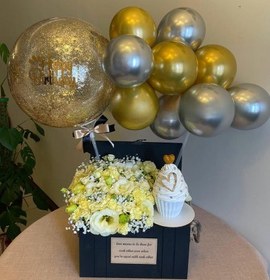 تصویر کادو تولد با گل تولد و کیک برای دختر بچه 