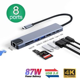 تصویر هاب Type-C تایپ سی 8کاره مدل 2017 رویال HUB USB Type C TO RJ45 SD/TF Card Reader Type C 3.1 To 4K HD Adapter PD Fast Charge