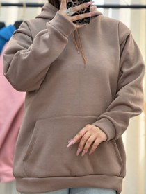 تصویر هودی زنانه دورس سه‌ نخ توکرکی قواره باکسی - نسکافه ای 