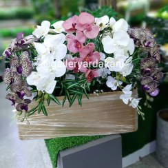 تصویر باکس گل ارکیده همراه با برگ پیله موآ 