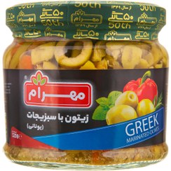 تصویر زیتون با سبزیجات یونانی مهرام 320گرم 