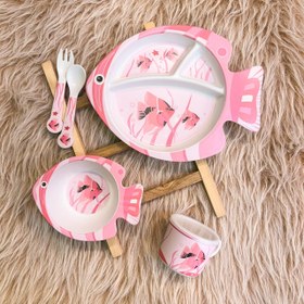 تصویر ست ظرف غذای کودک 5 پارچه فیبر بامبو طرح ماهی Bamboo Fiber Baby Feeding Set – 5 Pieces (Fish Design)