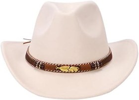 تصویر Men&#39;s &amp; Women&#39;s Felt Wide Brim Western Cowboy Hat Vintage Pinch Front Cowgirl Hat with Belt Buckle 