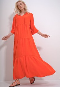 تصویر لباس اورجینال آلکاتی استایل Trend Alaçatı Stili Women's Orange V-Neck Front Lace Tiered Flounce Woven Viscose Dress ALC-X12052 