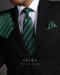 تصویر ست کراوات و دستمال جیب مردانه نسن | سبز مشکی | طرح کجراه T75 