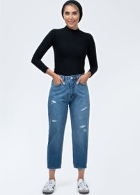 تصویر شلوار جین مام استایل زاپ دار آبی تیره 1000319 Dark Blue Zip-Detail Mom Royal Jeans