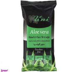 تصویر دستمال مرطوب دست و صورت یونی لد (Uni Led) مدل Aloe Vera بسته 12 عددی 