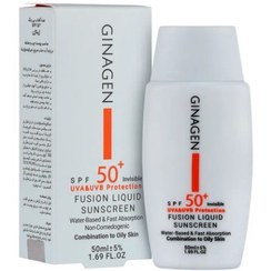 تصویر کرم ضد آفتاب ژیناژن پوست چرب بی رنگ 50 میل Ginagen sunscreen invisible for oily skin SPF50 cream 50ml