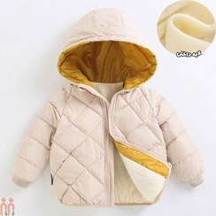 تصویر کاپشن پفی توکُرکی بچه گانه اسپرت ضدآب گرم 3 لایه وارداتی کرمی لوزی kids hooded jacket 