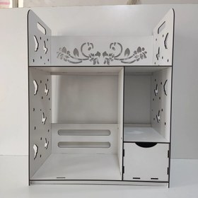 تصویر قفسه کتاب چوبی با کشو برای کتاب و وسایل کوچک 