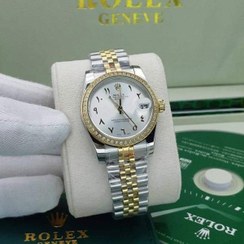 تصویر ساعت زنانه رولکس سایز مدیوم نگین مخراج شده عدد عربی سفید Rolex 