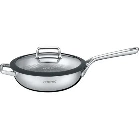 تصویر ماهی تابه استیل کف لیزری عرشیا 30 سانتی متری مدل SS050-3168 ARSHIA SS050-3168 Stainless Steel Non-Stick 3Ply WokPan with Lid 30CM