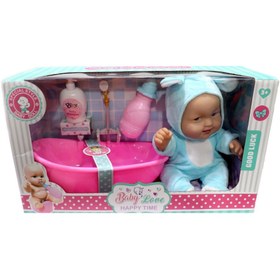 تصویر عروسک نوزاد موزیکال و جیشی بیبی لاو همراه با وان حمام پمپی BABY LOVE_اسباب بازی 