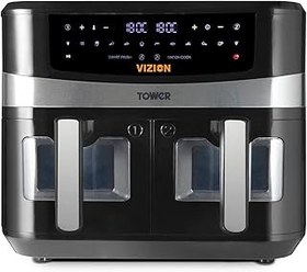 تصویر Tower, T17100, Vortx Vizion 9L Dual Basket Air Fryer with Digital control panel &amp; 10 One-touch Pre-sets, Black 