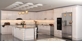 تصویر کابینت آشپزخانه طرح انزو پولیشی رنگ سفید با جزیره 